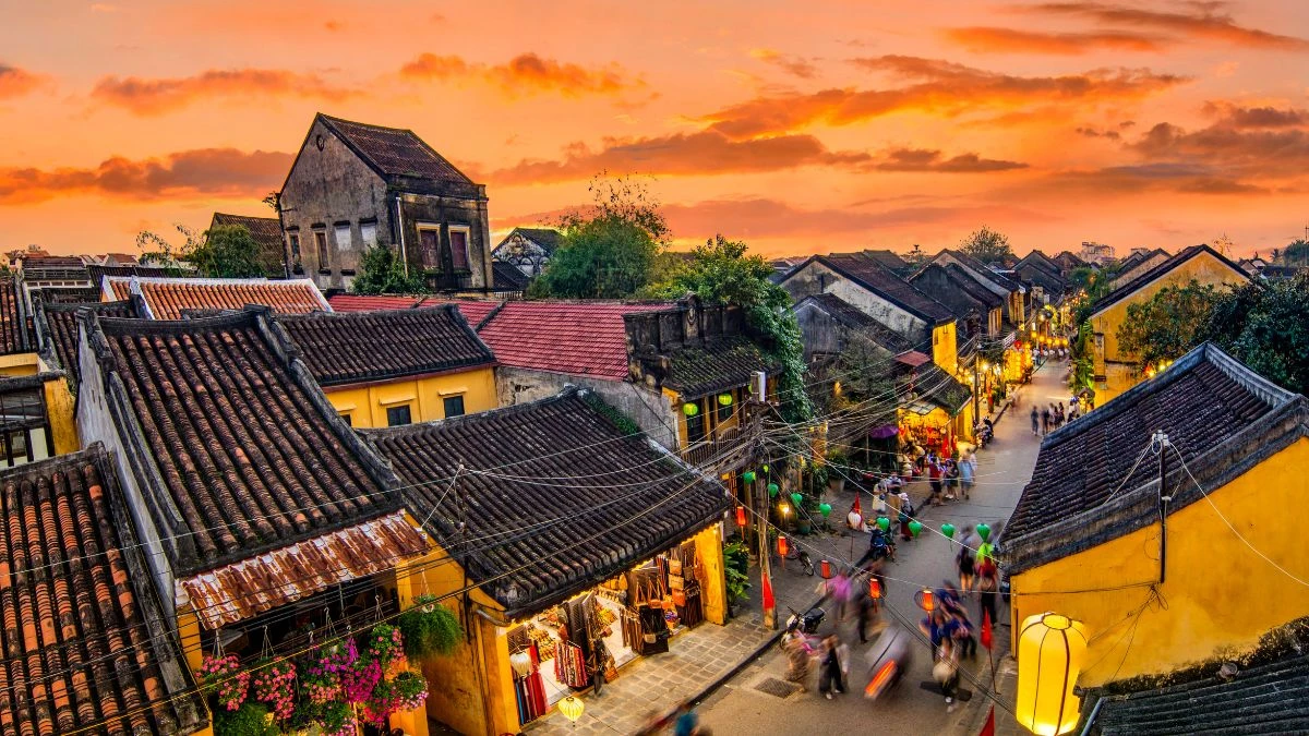Lantern-lit Old Town street at sunset, Hoi An