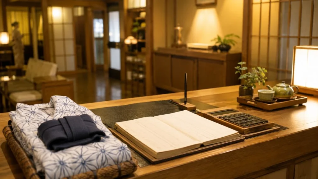 Traditional ryokan reception counter in Kyoto representing accommodation check-in