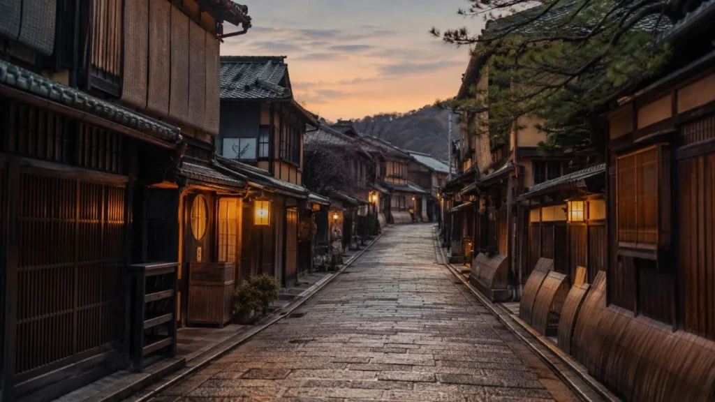 Quiet traditional machiya street in a Kyoto neighborhood in early morning light